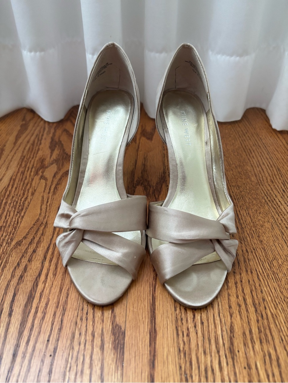 Nine West Satin Open-Toe Heels in light gold